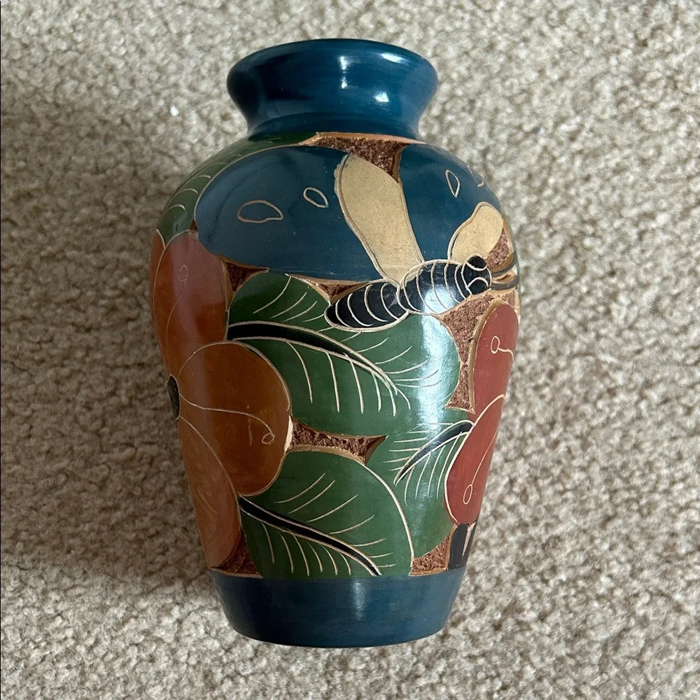Vintage Hand-Painted Nicaraguan Floral Ceramic Vase in Teal, Green, Rust